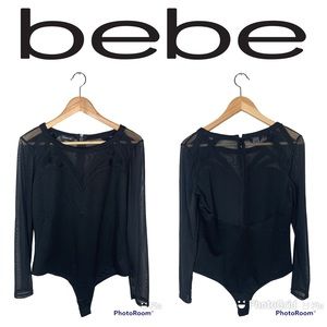 NWOT BEBE Black Mesh Sleeve Bodysuit Size L $98!